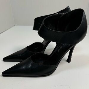 Sergio Rossi Black Pointy Toe Ankle Strap Leather Heels Pumps size 37 6.5